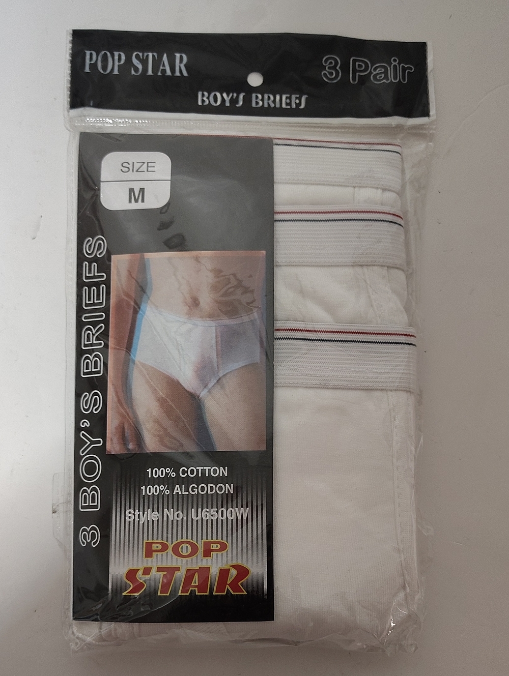 Vintage POP STAR Boys' Briefs 3-Pack in White with Red & Blue Stripe - Sz M 6-8